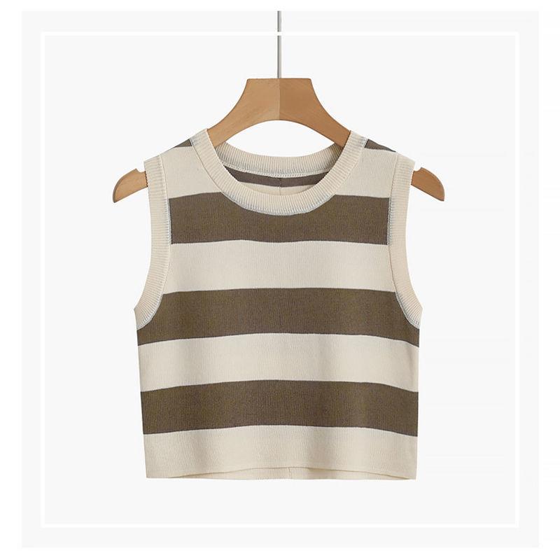Сексуальная женская майка в рубчик, летние укороченные топы без рукавов в полоску с круглым вырезом, уличная винтажная корейская модная рубашка, жилет, одежда Y2K