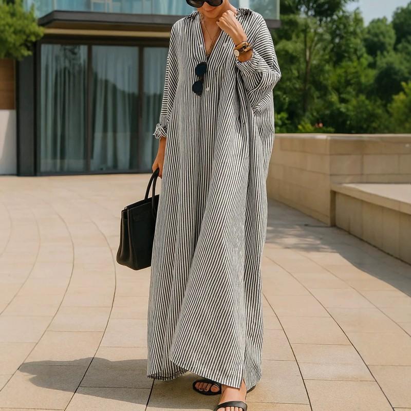 Striped Shirt Dress Loose Fit Long Sleeve Casual Women