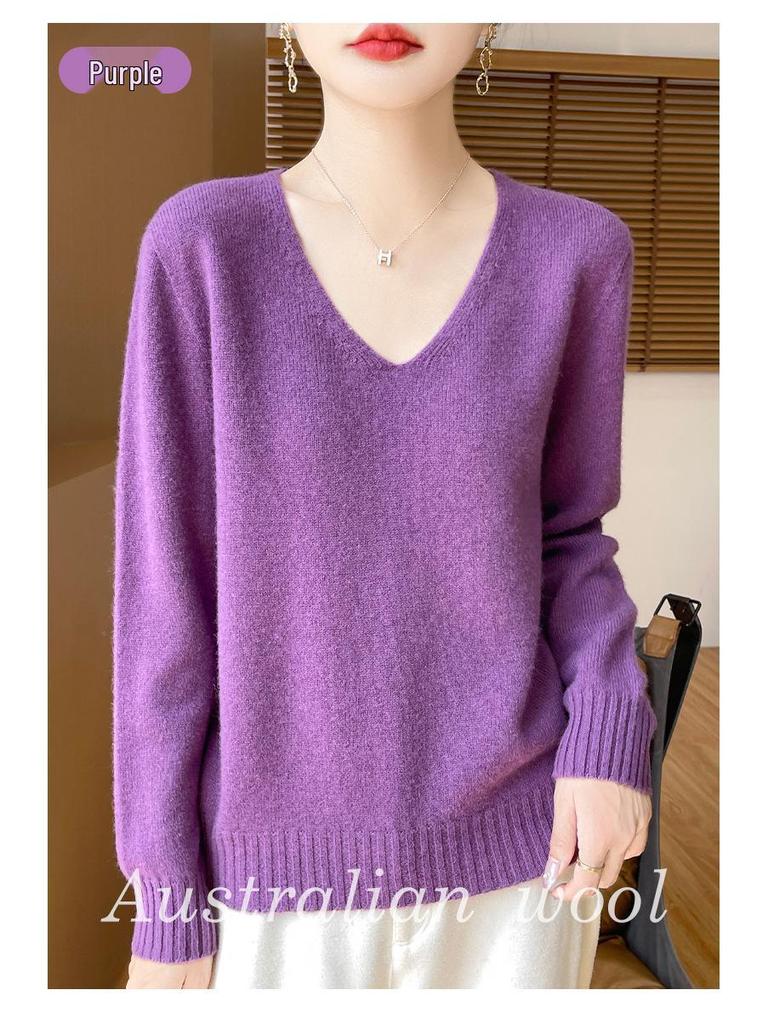 Minimalist 100% Wool V-Neck Sweater: Seamless, Solid Color, Long Sleeve, New Women's Knit