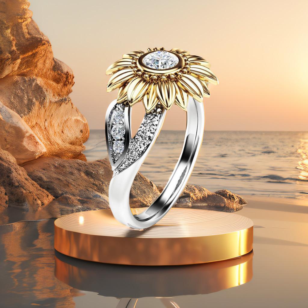 Stylish Copper Sunflower Ring With Gold Plating And Gemstone Inlay For Birthdays