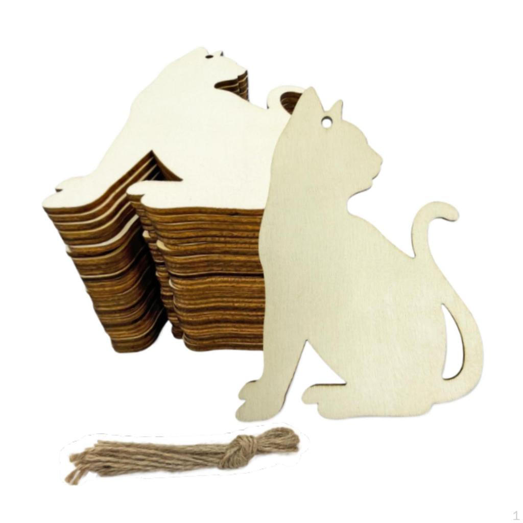 20x Hanging Ornaments Unfinished Wooden Cutouts Halloween Cat Shaped Plaques Pendants Decorative