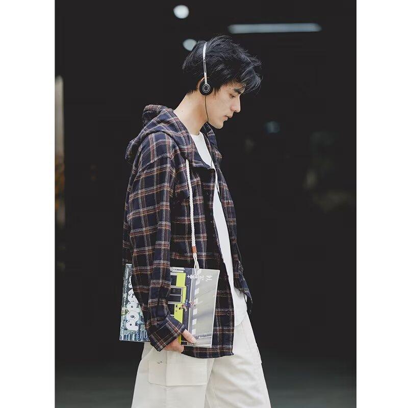 Рубашка в стиле ретро в японском стиле для осени, мужская коричневая, клетчатая одежда для мальчиков, подростковая рубашка с капюшоном и длинным рукавом