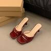 French High-heeled Slippers 2025 New Women's Summer Outer Wear Square Heel One-word Drag Bow Sandals Versatile Temperament
