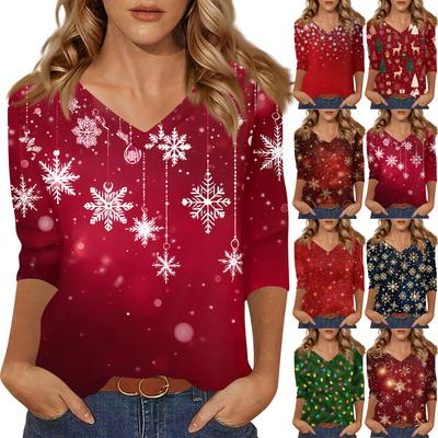 Женская футболка с рождественским принтом, рукав 3/4, повседневная, для выходных, модная, базовая, с V-образным вырезом, обычный топ