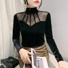 European Velvet Mesh Splicing Shirt - Women's Autumn/Winter Fashion Top