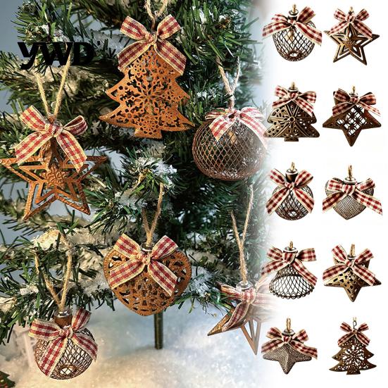 Indoor Winter Festival Hanging Ornaments 6 Pcs Rusty Iron Christmas Ornaments, Hollow Metal Tree Star Heart Rustic Fireplace Garland Decorations Ball
