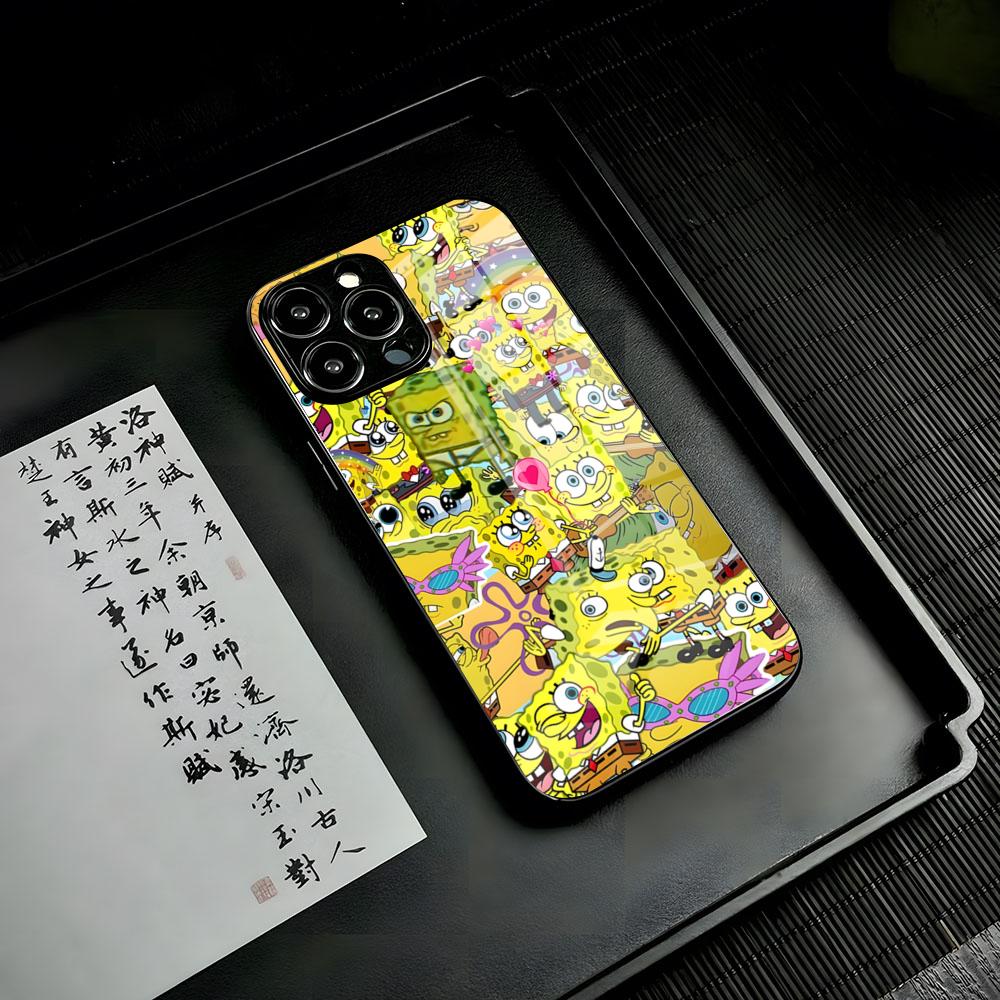 Мультяшный чехол для телефона Губка Боб Для IPhone 17 Air 16 15 14 Pro 13 11 12 XR XS ProMAX 7 8 Plus Стеклянная крышка