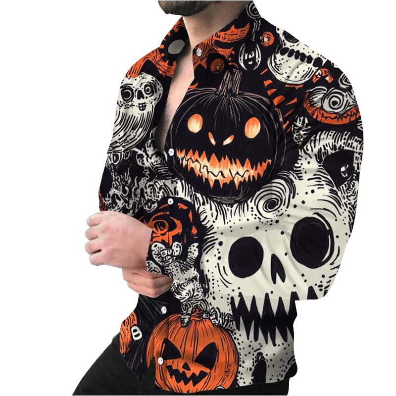 Men Tribal Vine Print Lapel Full Button Long Sleeve Contrast Cuff Dress Shirt