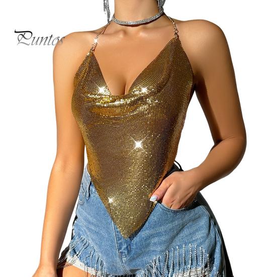 Women Sequin Sling Tops Halter Sleeveless Backless Short Vest with Metal Chain Laces And Swing Collar Sexy Camisole