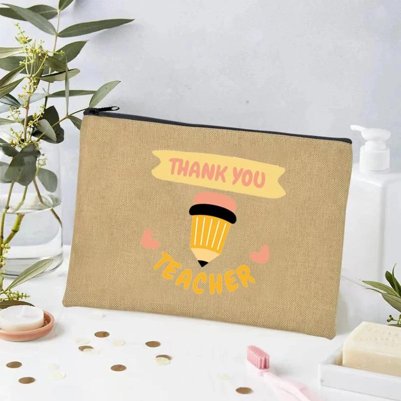Thank You Teacher Print Linen Toiletry Bag Organizer Perfume Lipstick Cosmetic Bag Office Supplies Pencil Bag Teacher's Day Gift
