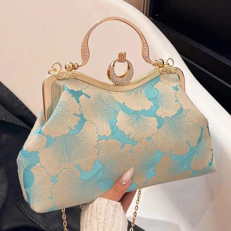 Floral Print Small Tote 2024 Designer Luxury Women Green Handbags Party Clutch Female Dinner Chain Shoulder Bags Messenger Bags