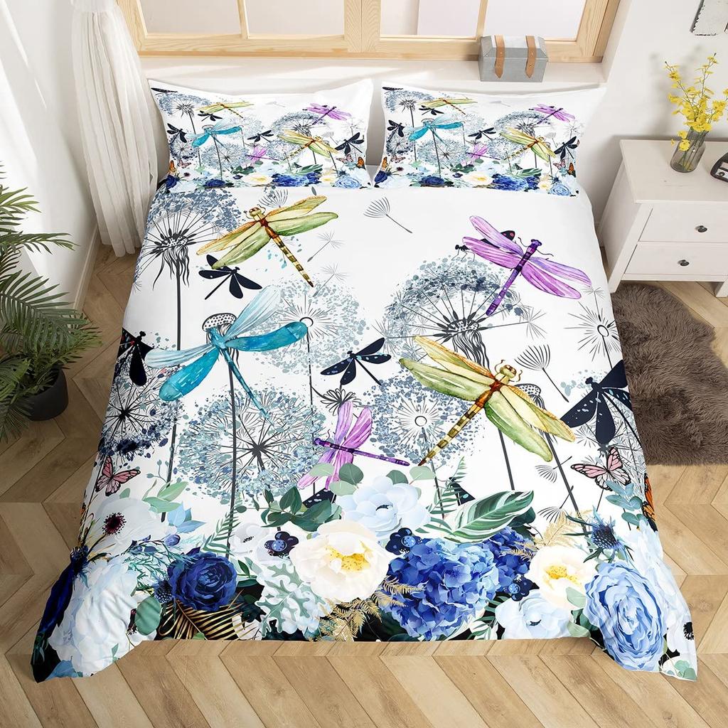 Dragonfly Duvet Cover Queen Botanical Floral Comforter Cover Vintage Style Sunflower Bedding Set Natural Pastoral Spring Decor