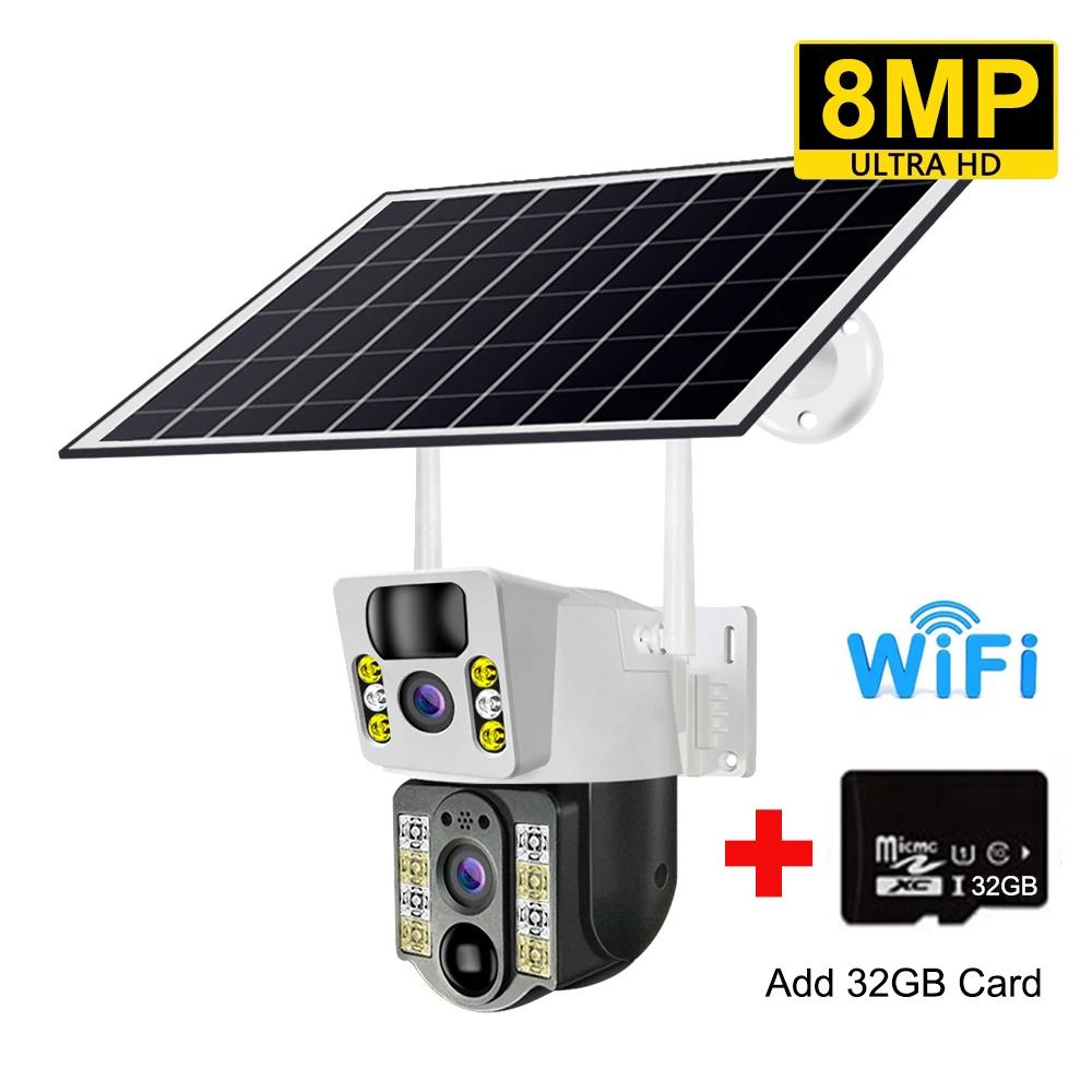 8MP 4K Беспроводная солнечная камера 4G Sim Открытый двойной объектив Wi-Fi IP-камера PIR ночного видения V380 Pro CCTV Монитор безопасности