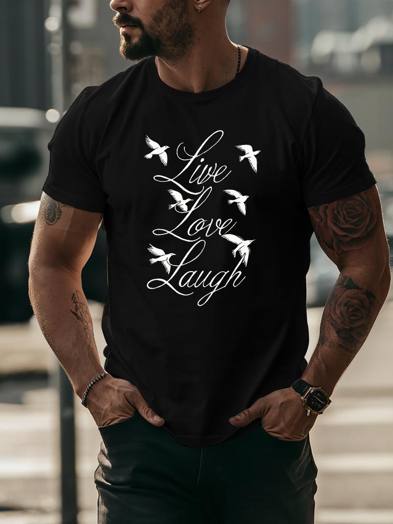 Unisex White Tee Live Love Laugh Birds Script Text Graphic Print Crew Neck Short Sleeve Summer Casual Male Cotton Street Daily Top