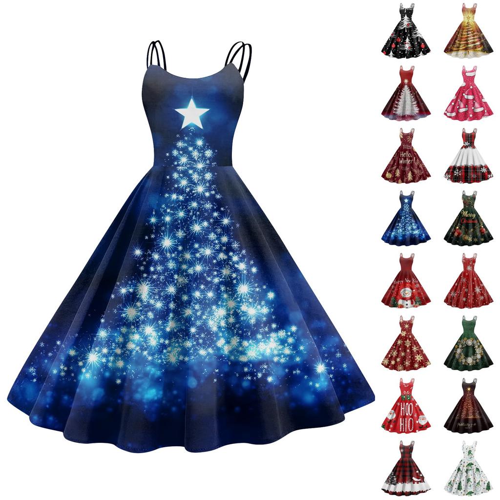 Women's Fashion Christmas Printed Sexy Strapless Gothic Cocktail Dress Punk, Vintage Dress