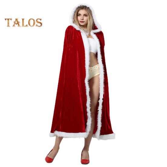 Women Christmas Cloak Fluffy Edge Color Matching Hooded Santa Cosplay New Year Party Performance Costume Festive Poncho