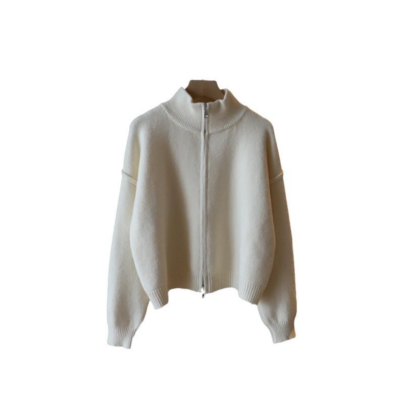 Stand-up collar double zipper knitted cardigan women's 2024 autumn and winter new loose versatile solid color premium sweater jacket