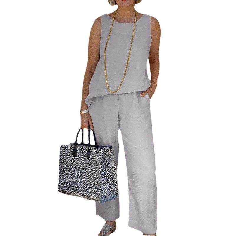 Plus Size Sleeveless Cotton Linen Casual Outfit Set