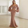 Women Evening Dress Bell Sleeves Sequin A-line Slim Fit Low-cut V Neck Maxi