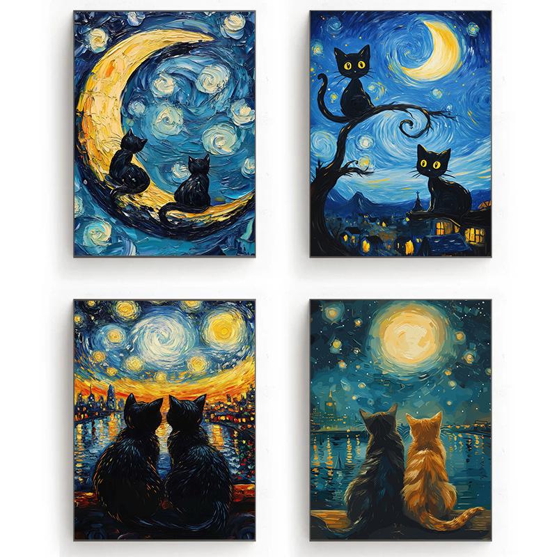 Черный кот под небом Серия «Звездная ночь» Тематическая печать на холсте Модные популярные цвета Фреска Студия Домашнее украшение Искусство Подарки