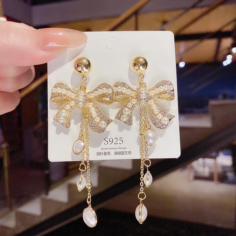 925 серебряные иглы со стразами бант кисточки серьги нишевые серьги высокого чувства мода преувеличенные жемчужные серьги