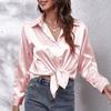 Женская мода, повседневная рубашка с v-образным вырезом, однотонная атласная рубашка с длинными рукавами и имитацией шелка на пуговицах