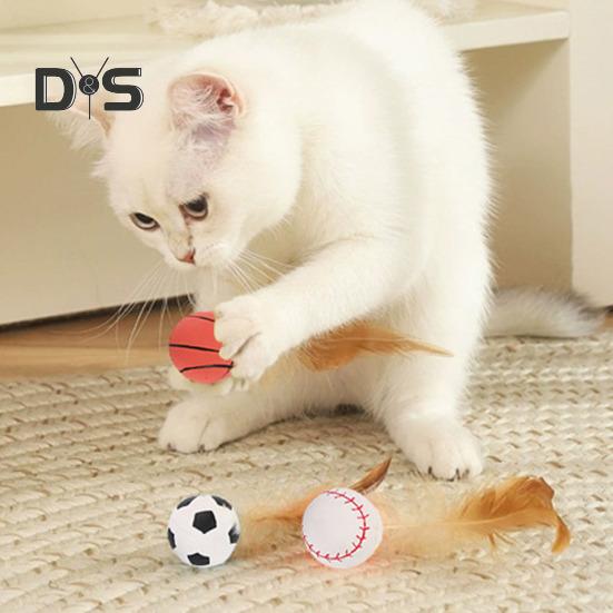 1 Pc/3 Pcs Interactive Feather Ball Toy Mini Bouncy Basketball Soccer Baseball with Feather Pet Training Catcher Toy for Indoor Cats