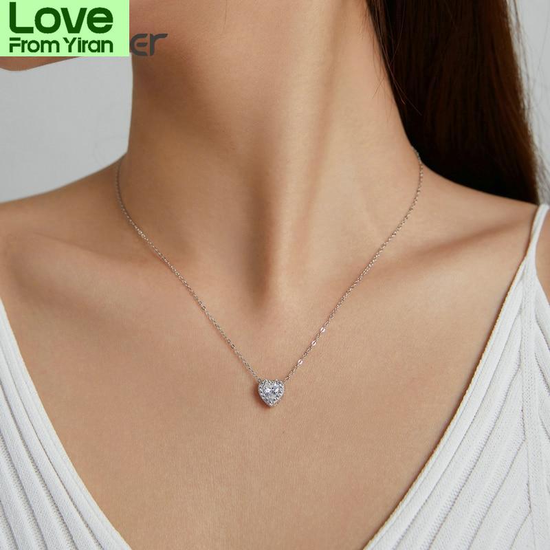 925 Sterling Silver Bright Love Necklace Chain Dazzling Shiny Heart Shape Crystal Charm Wedding Engagement Jewelry