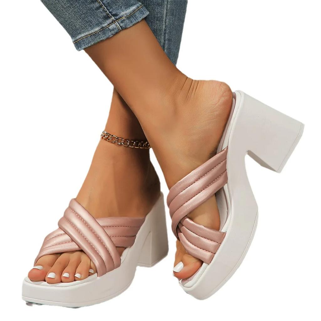 Повседневные тапочки-кроссоверы на высоком каблуке для женщин, летняя новая верхняя одежда, толстый каблук, толстая подошва, однотонные пуловеры