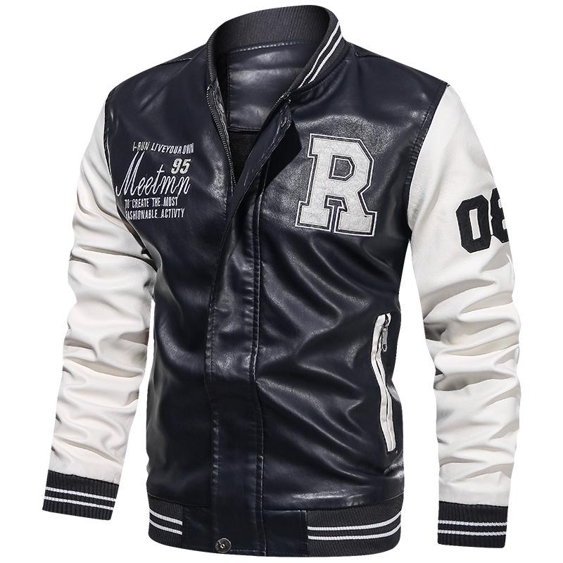 Men's High-quality Baseball Jacket, Patchwork Color Embroidered Printed PU Leather Jacket, Motorcycle Jacket, Autumn Jacket