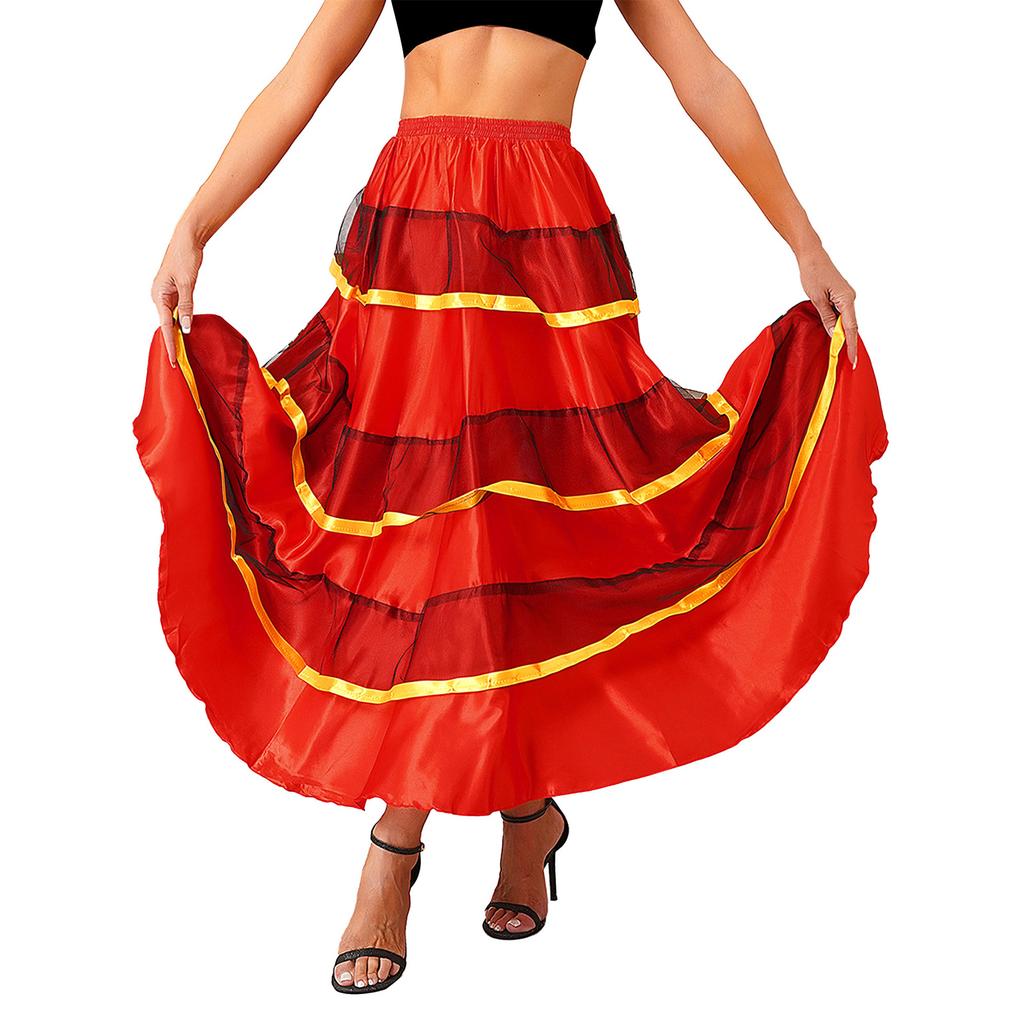 Womens Flamenco Dance Skirt Tiered Ruffles Wide Hemline Ballroom Dancing Skirt Carnival Stage Performance Costume