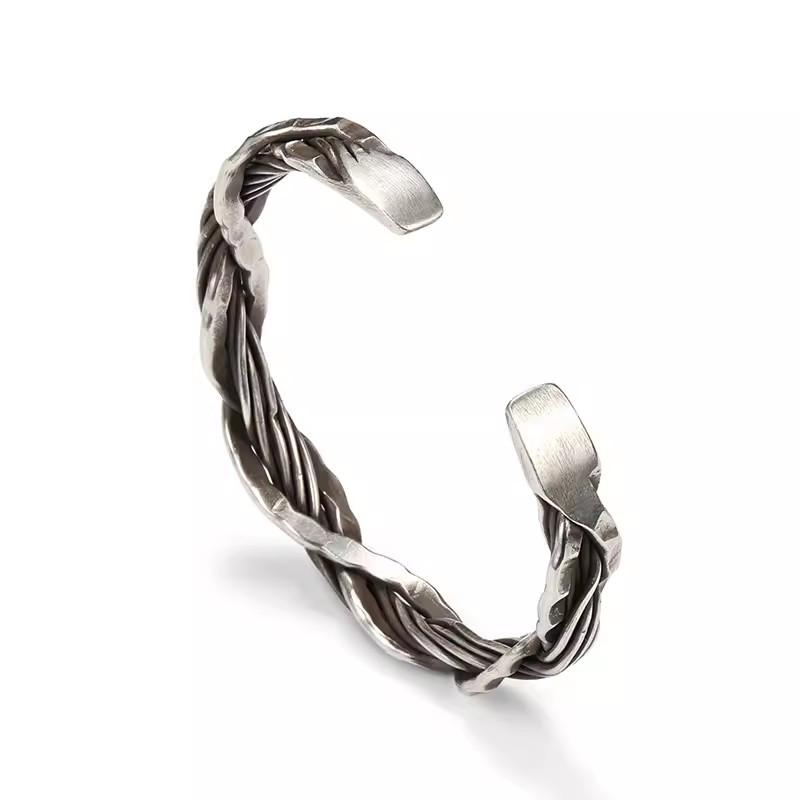Vintage Thai Silver Hammered Weave Bangle Bracelet For Men Women Hip Hop Fashion New Jewelry Gift Party Glamorous