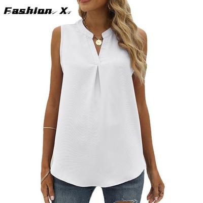 Женская весенне-летняя новая однотонная шифоновая рубашка, свободный пуловер с v-образным вырезом, топы без рукавов