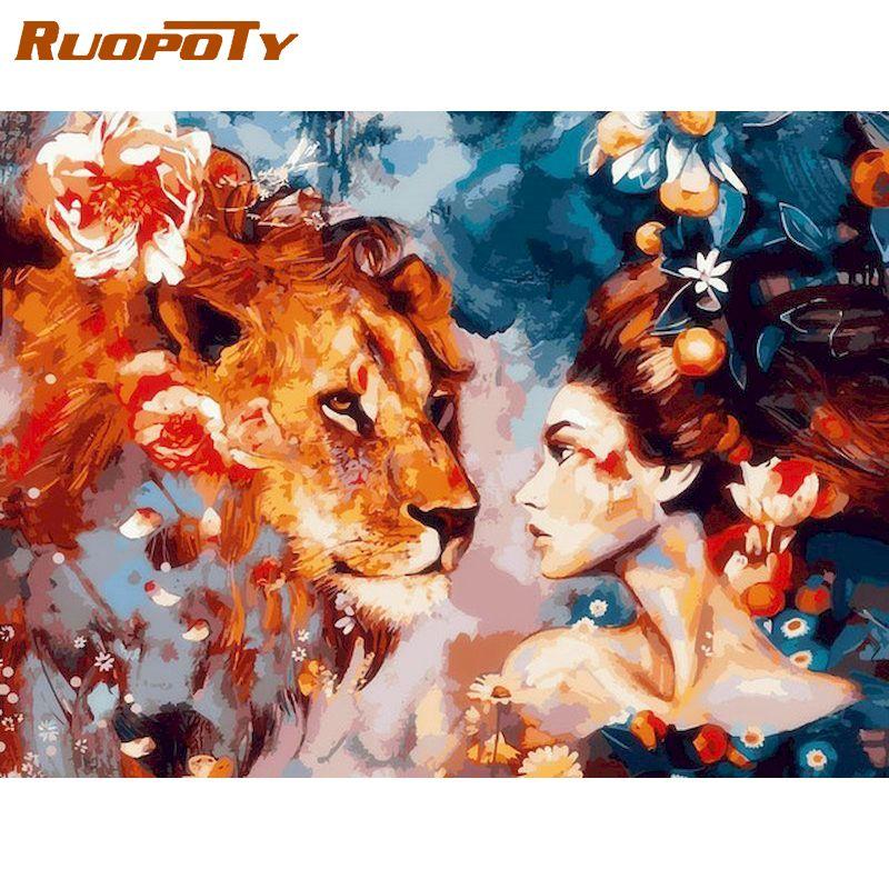 RUOPOTY Девушка и красочная фигурка льва, наборы для рисования по номерам, в рамке 60x75 см, DIY масляные краски, раскраска на холсте, домашний декор, искусство