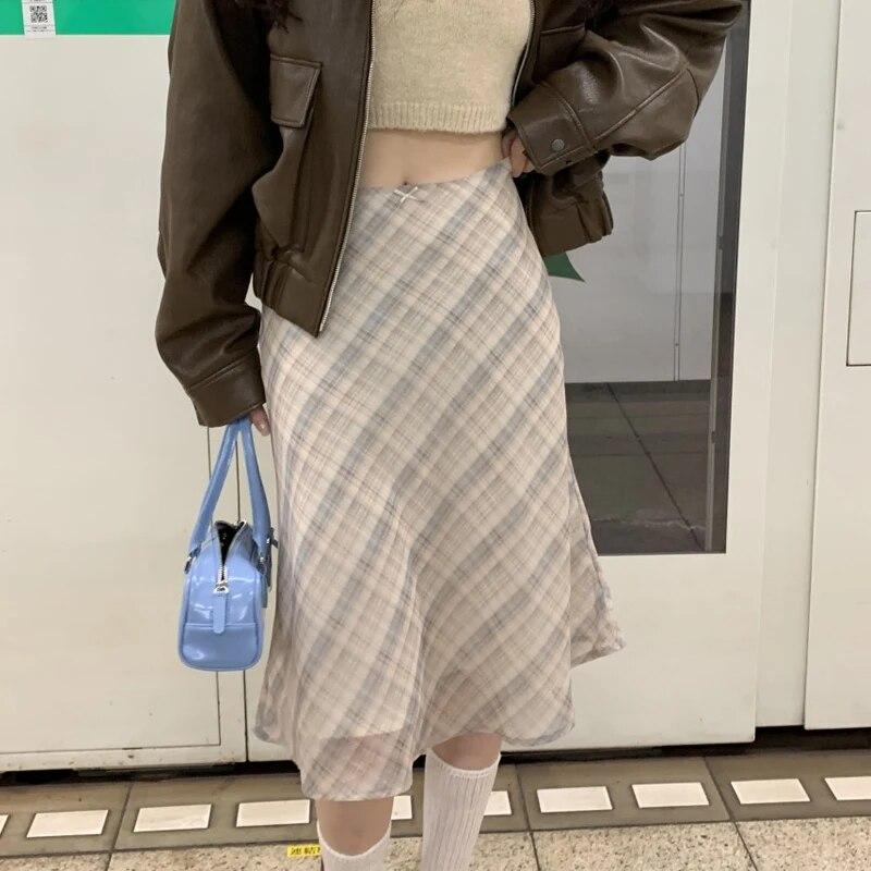 Harajuku шикарная весенняя элегантная длинная юбка женская французская клетчатая ретро трапециевидная одежда женская винтажная повседневная юбка-миди с высокой талией
