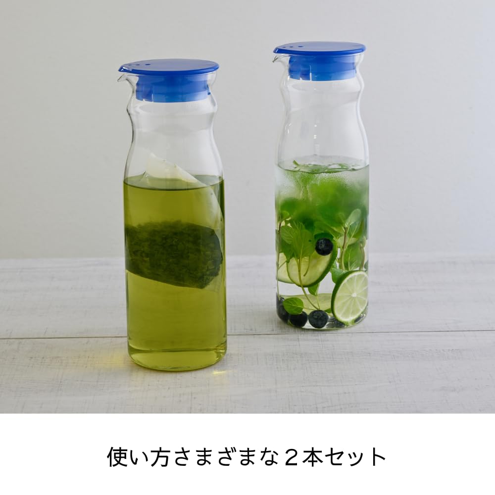 Hario Термостойкая бесплатная бутылка для холодной воды Pot Mine, набор из 2 бутылок, практичная емкость 1200 мл, прозрачное синее термостойкое стекло, кипяток, посудомоечная машина