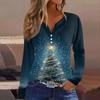 Женская футболка с рождественским принтом на пуговицах с длинным рукавом, повседневная, выходного дня, модная, базовая, с V-образным вырезом, обычная