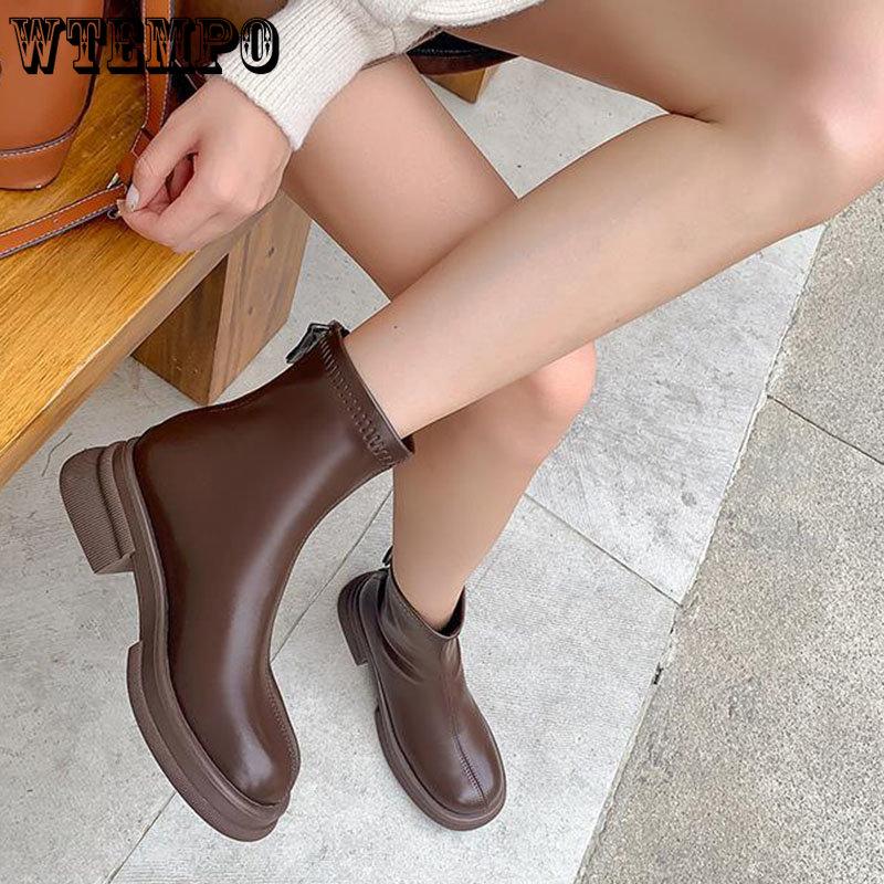 Женские короткие кожаные ботинки из мягкой кожи Коричневые ботинки в британском стиле в стиле ретро на толстой подошве с противоскользящим покрытием Простые повседневные модные модные Harajuku для поездок на работу