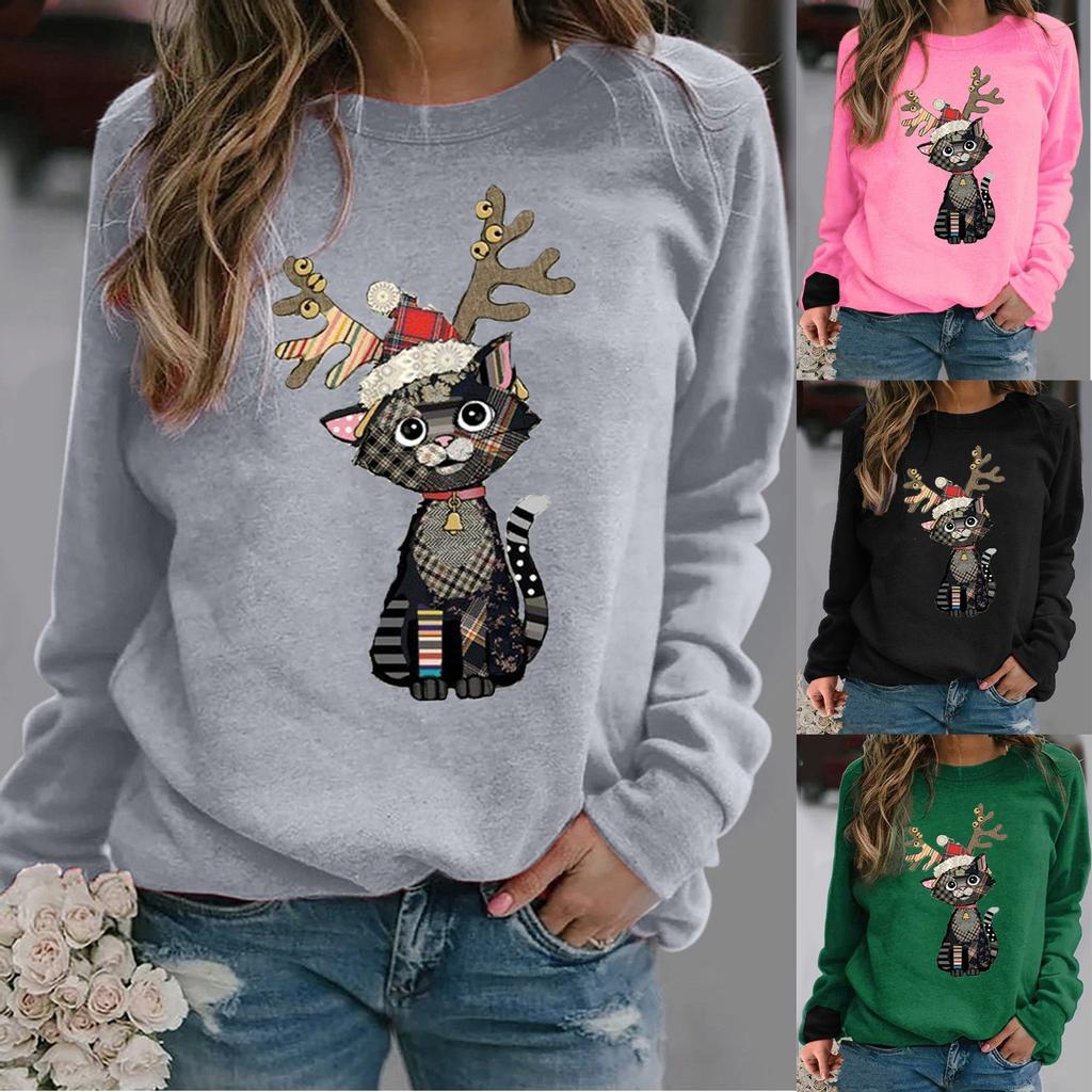 Women's Cat Print Sweater Long Sleeve Top wTWomen's Clothing