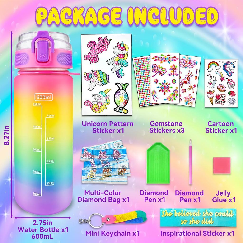 Creative DIY Gemstone Sticker Water Bottle for Kids, 600ml Rainbow Unicorn, Reusable Student Thermos, Holiday Gift for Boys & Girls Ages 4-10