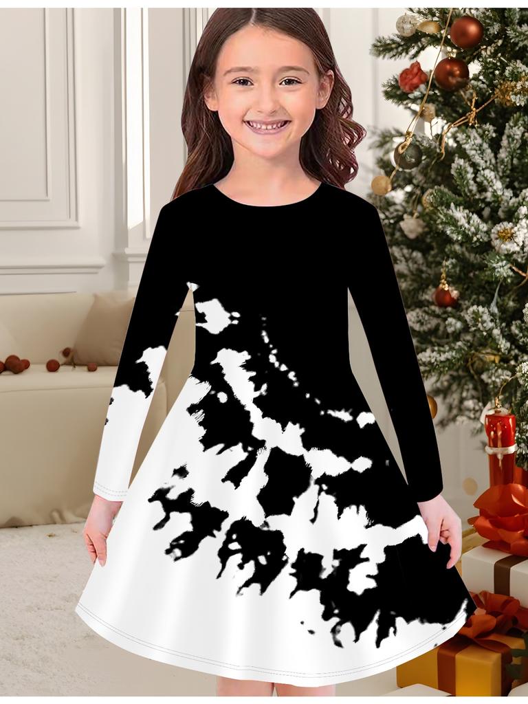 Girls' Autumn and Winter Fashion Dress, 3D Abstract Pattern Print Round Neck Long Children's T-shirt Dress, Casual Versatile, Christmas Clothing