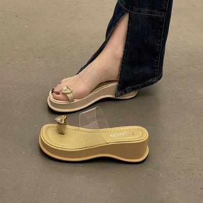 Бисквитные тапочки на толстой подошве и танкетке женские весенне-летние для улицы 2025 новые прозрачные модные сандалии с перемычкой между пальцами