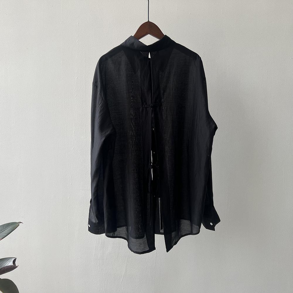 Disc Buckle Split Lace Sunscreen Shirt On The Back, Lightweight Silk Top