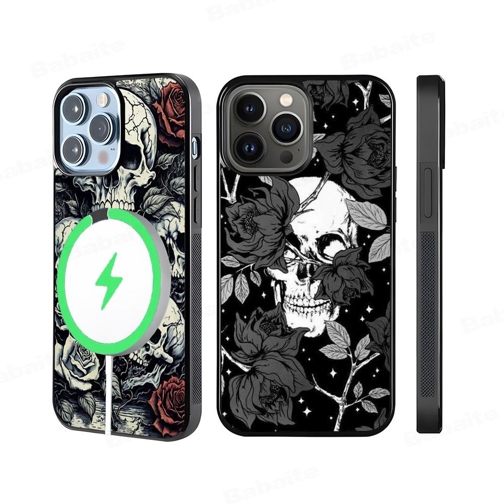 Жуткие узоры в виде черепов Чехол для телефона Магнитный чехол Для IPhone 16 14 13 12 11 15 Pro Max Plus Для Magsafe Беспроводная зарядка Чехол