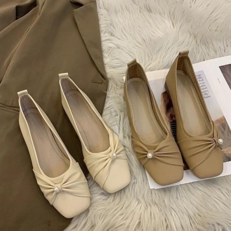 Мода 2025 Женские Новые Мэри Джейн на Плоской Подошве Французские Элегантные и Удобные Одинарные Туфли с Жемчужным Бантом