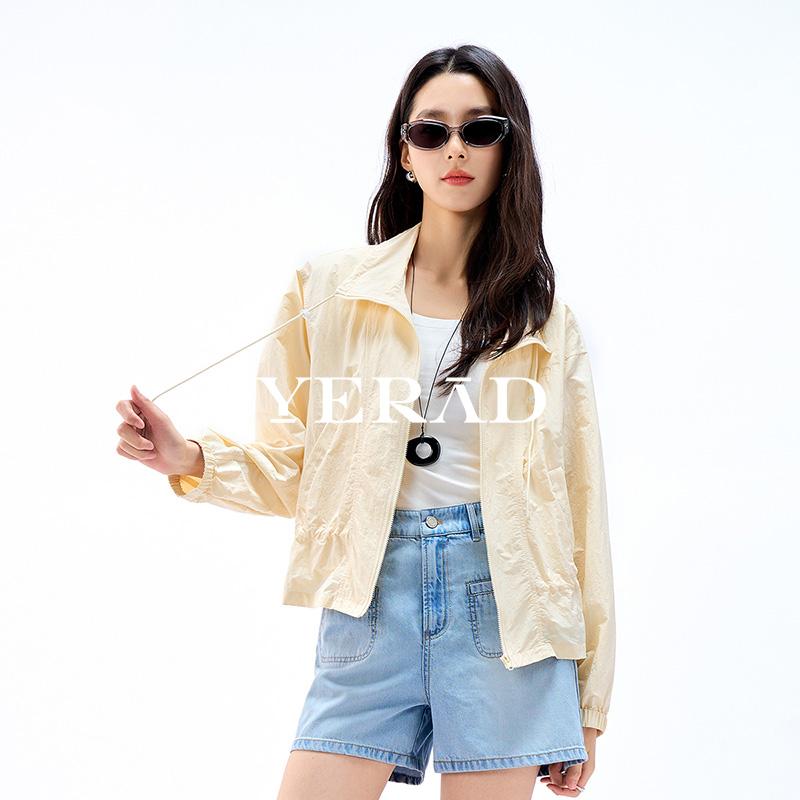Cool and lightweight outdoor sunscreen jacket for women, versatile drawstring short jacket