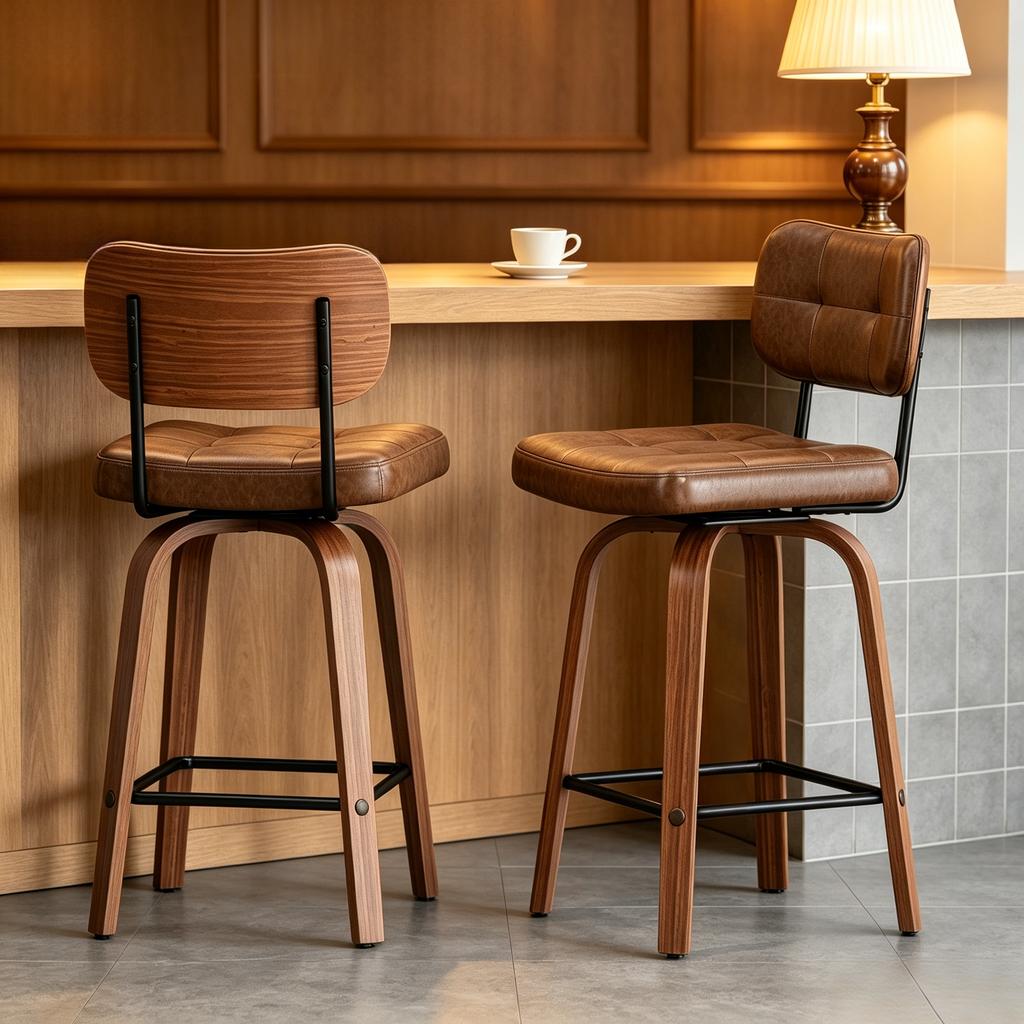 Bar Stool Curve – Swivel PU Upholstered Stool with Curved Wood Sickle Backrest & Metal Frame, 360 degrees Swivel, Set of 2