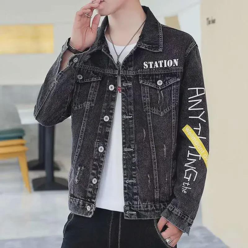 Мужская модная повседневная узкая джинсовая куртка с рваной вышивкой - мода весна-осень 2022 г.