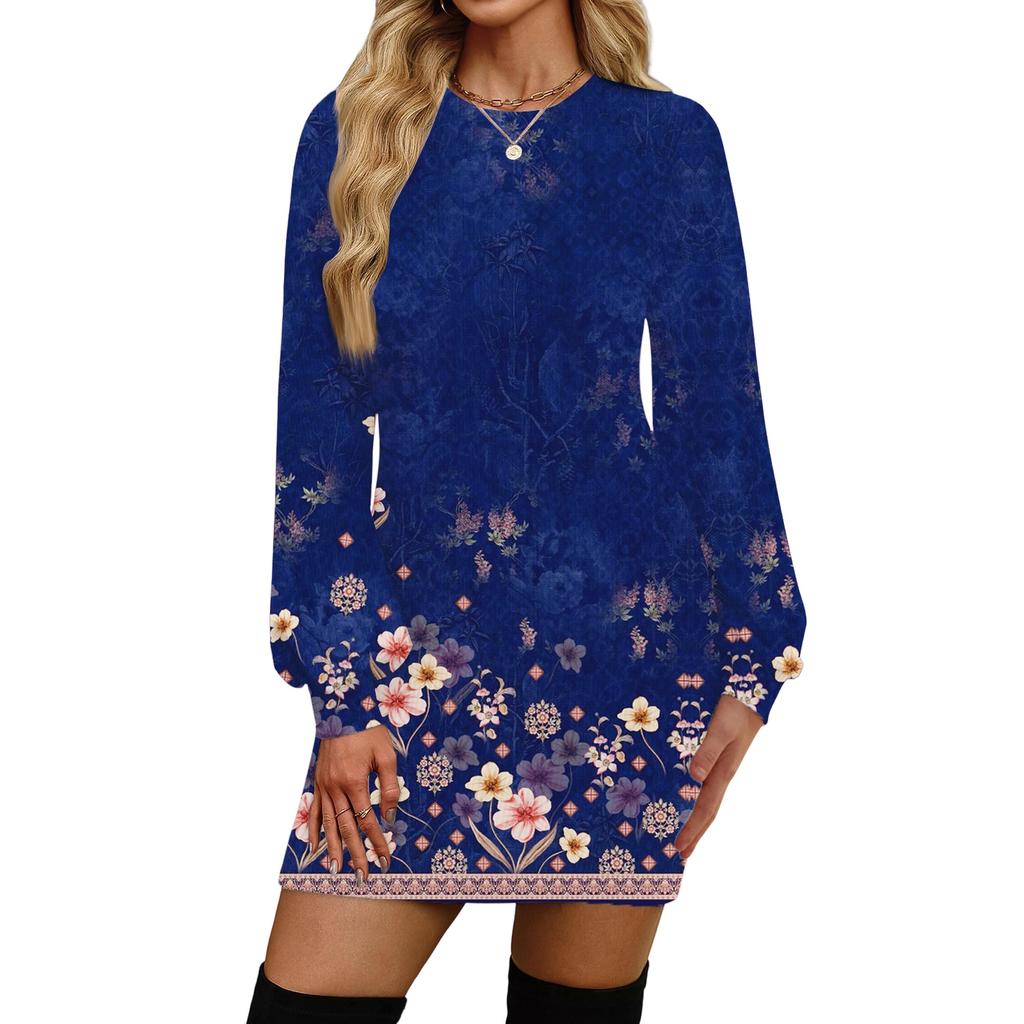 Женское модное повседневное платье с круглым вырезом и длинными рукавами