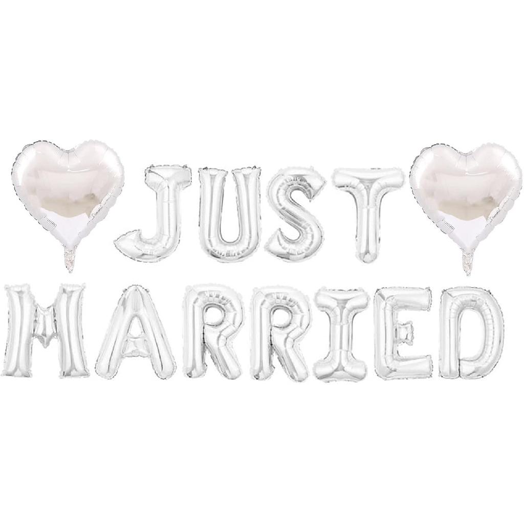 Just Married Balloon Banner, 16 inch Quality Wedding/Bachelorette/Bridal Shower/Wedding Engagement Party Decors Supplies. (SILVER KIT)